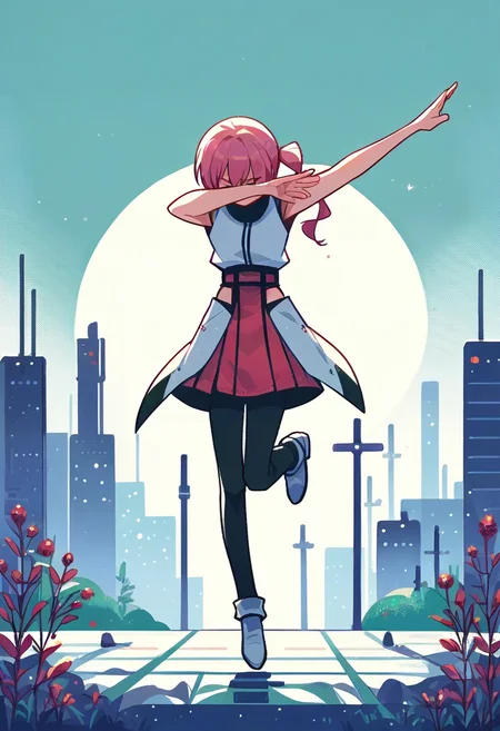 score_9, score_8_up,score_7_up, source_anime, 1girl, solo, looking down,
<lora:EPdab:0.8>, epdabbing, outstretched arm, covered face, closed eyes, standing on one leg, standing,
serah13, cybernetic city <lora:Serah_Farron_Final_Fantasy_13:0.7> <lora:PonyMinimalStyle:1> MinimalStyle