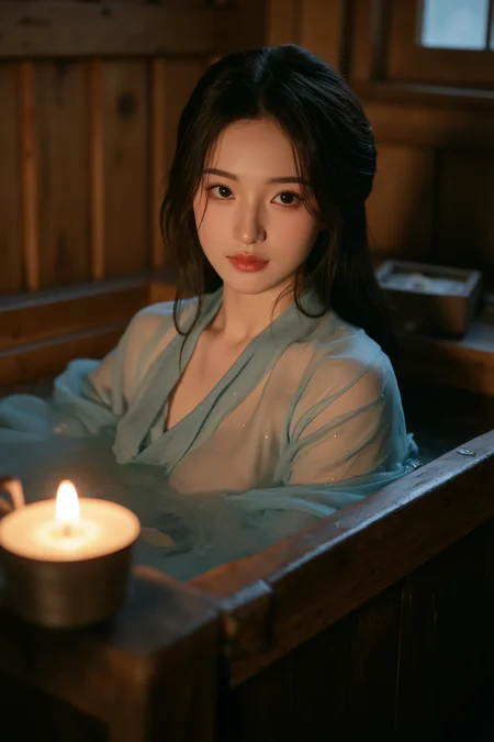 <lora:ãéº¦æ©éè¡£ãMajicflus:0.7>, qingyi, A young Chinese woman, her oval face framed by flowing, shoulder-length hair, is immersed in a wooden bathtub within a dimly lit, antique wooden bathroom. Draped in a sheer, cyan hanfu, her gentle features and delicate curves are highlighted by the flickering candlelight. The damp fabric clings to her skin, revealing subtle contours. The focus should be on her face and upper body, capturing the serene expression and the contrast between the warm candlelight and the cool water. The background should be slightly blurred, with the wooden walls and bathtub providing a rustic, intimate setting.âââ