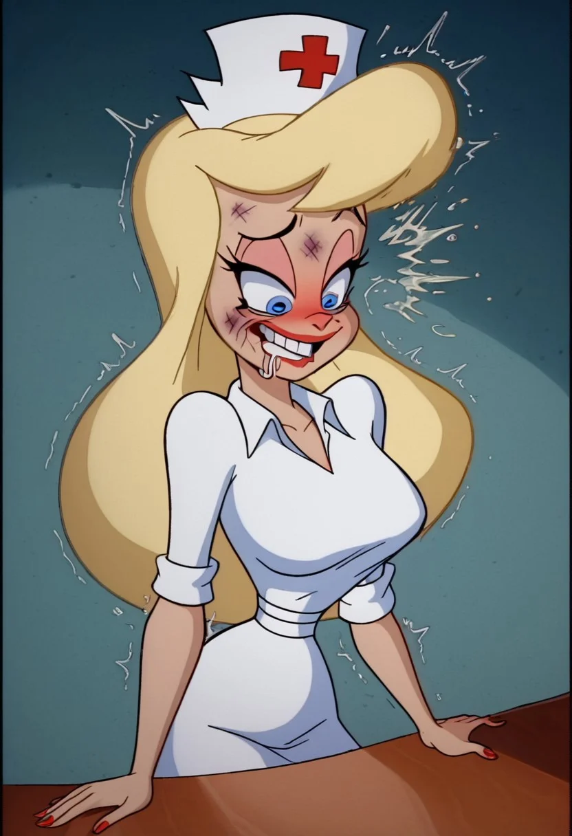 score_9, score_8_up, score_7_up, rating_questionable, zPDXL, 2d source_cartoon, (adult:1.2), facing the viewer, , horny, solo 1girl
<lora:Hello_Nurse_XL_Animaniacs:1> Heloise Nerz, 1girl, dirty messed burnt blonde hair, stupid, dumb, extremely stupid, extremely dumb, no brain, brain damage, stupid blonde, extremely stupid blonde, blue eyes, eye twitching, nervous eye twitching, extremely hard eye twitching, totally burnt hair, sexy, horny, flowing saliva, scared, in love, extremely dirty dress, hardly beaten fifty times, confused, deeply humiliated face, depressed face, black eyes, circles under eyes, beaten by ninty boxers, broken heart, extremely broken heart, smashed mouth, crazy emotion, extremely violently beaten face, ten times more extremely violently beaten face, twenty times more extremely violently beaten,big deep shiners on both eyes, extremely big shiners on both eyes, eyes in different directions, eyes in extremely different directions, narrow waist
<lora:Expressive_H:1>
<lora:r3nst1mpyXLP:1> r3nst1mpy,aaa