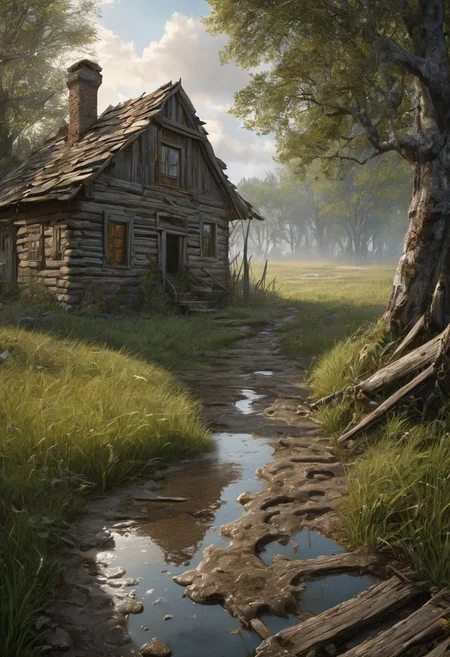 8k, breathtaking, close up to rough footpath in the village, greg rutkowski, abandoned house, detailed wood cracks, realistic, detailed mud, cloudy weather, morning lake mist, wet grass, sun rays, masterpiece, award-winning, professional, highly detailed, mist, style-nebmagic