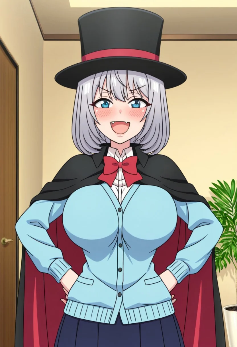 masterpiece, best quality, amazing quality, very aesthetic, high resolution, ultra-detailed, 4k, detailed, absurdres, newest, scenery, cartoon, parody, Tejina Senpai1, medium hair, grey hair, blue eyes, bangs, bob cut, mature female, breasts, fang, anime screencap, 1girl, blush, solo, happy, open mouth, middle finger, one hand on hips, white shirt, blue cardigan, red bowtie, pleated skirt, dark blue skirt, cape, magician hat, black hat, big breasts, indoor living room, looking at viewer, bimbofusion artstyle