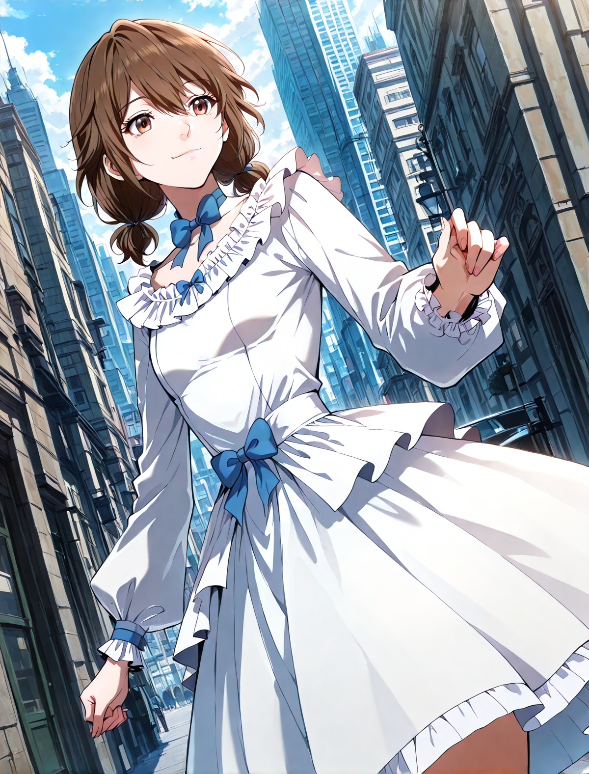 <lora:Eleanor_Leywin__The_Beginning_After_the_End__Illustrious:1>
1 girl, solo, brown hair, brown eyes, bangs, small breasts
white dress, long sleeves, blue bowtie, hair between eyes, hair bow, short hair, high heels, sandals, frills, twintails
score_9, score_8_up, score_7_up, very aesthetic, source_anime, detailed, high quality, beautiful, masterpiece, detailed eyes, city, cowboy shot, dynamic angle, upper body, light smile, dynamic pose, <lora:iLLMythG0thicL1nes:1>