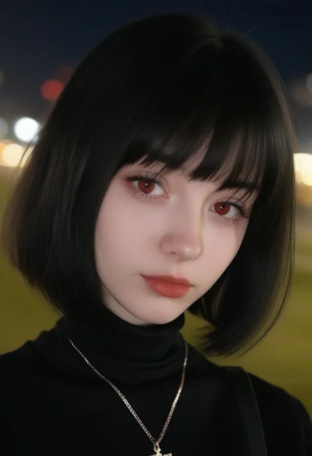 RSGRL, Russian female, Cute face, amateur, candid, realistic, 1girl, solo, short hair, black hair, jewelry, looking at viewer, necklace, cross, portrait, bangs, red eyes, closed mouth, turtleneck, blurry background, cross necklace, lips, piercing, blurry, bob cut, eyelashes