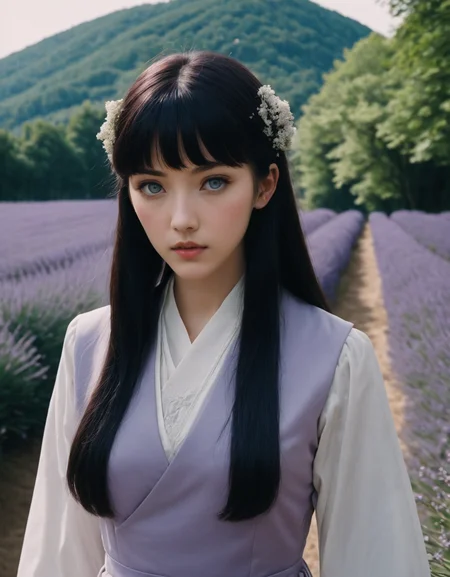 Hyperrealistic art <lora:Hinata Hyuuga:1>,hhwiafu,woman,bangs,photo,1girl,formal_dress,, photo of prompt . with an image filled with deep darks in the style of an analog film grain, background with flowers, amazing natural lighting, brilliant composition, (raven colored hair, straight hair,hime cut, bangs, very long hair:1), (Eyes, Pale lavender/white, lacking visible pupils under normal conditions:1), (Skin, Fair complexion:1), (Height, Starts as petite but grows taller:1), (Build, Slender but athletic:1). . Extremely high-resolution details, photographic, realism pushed to extreme, fine texture, incredibly lifelike