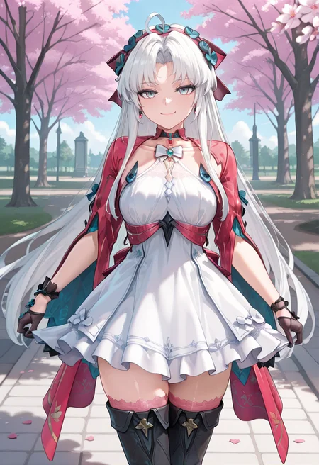 masterpiece,best quality,absurdres, amazing quality, shiny skin,
park, falling petals, cherry blossoms, cowboy shot, smile, standing, looking at viewer,
<lora:CarlottaVP2-09:1> carlottavp2, 1girl, solo, white hair, long hair, parted bangs, blue eyes, dress, very long hair, gloves, black gloves, hair ornament, flower, ahoge, bow, white dress, thighhighs, collarbone, bare shoulders, jewelry, boots, hair bow, half gloves, sidelocks, gradient eyes, grey eyes, hairband, long sleeves, multicolored eyes, parted bangs