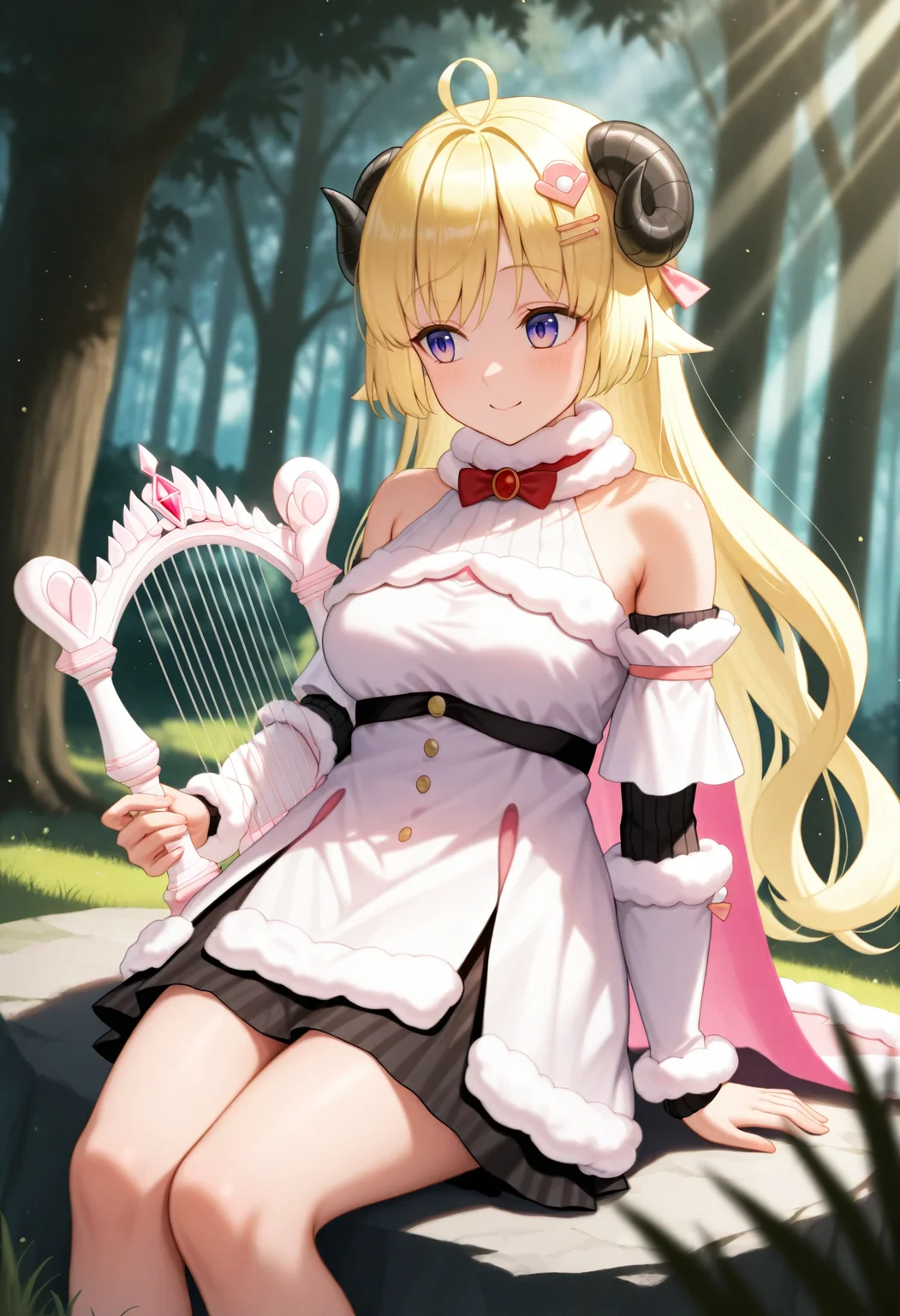 masterpiece, best quality, 1girl, solo, WtmBase, horns, blonde hair, purple eyes, very long hair, ahoge, hair ornament, white fur-trimmed dress, short dress, red bowtie, detached sleeves, layered sleeves, pouch, bare shoulders, fur-trimmed cape, pink cape, smile, holding harp, outdoors, sitting on rock, forest, blush, dutch angle, light rays, <lora:ChamTsunomakiWatameIllustriousXL:1>, <lora:ChamIllustriousBackgroundEnhancer:1>