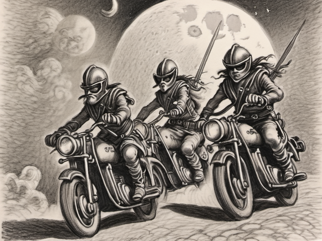 pencil art, heavenly musketeers on mopeds at the moon, <lora:Line-illustration:1.0>