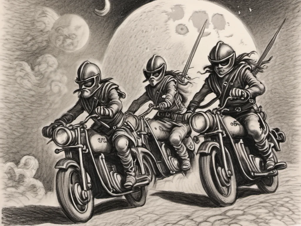 pencil art, heavenly musketeers on mopeds at the moon, <lora:Line-illustration:1.0>