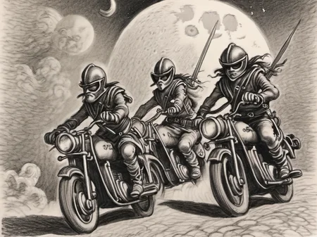 pencil art, heavenly musketeers on mopeds at the moon, <lora:Line-illustration:1.0>