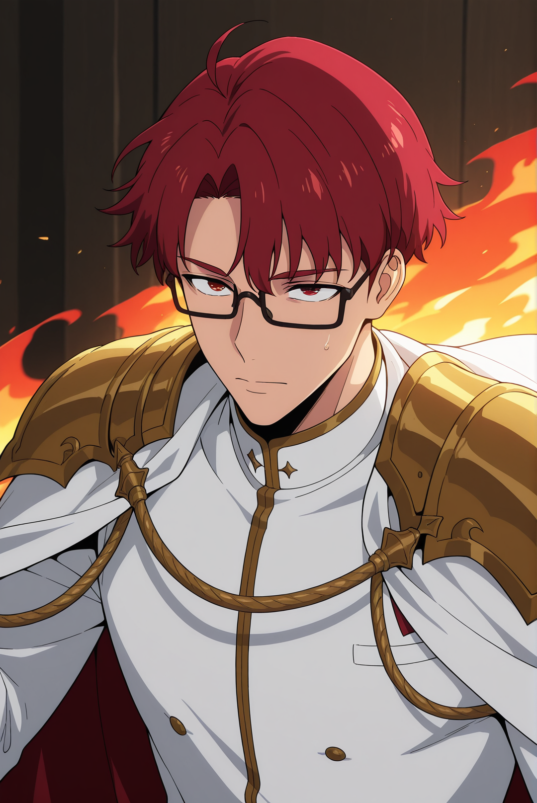 1boy, solo, male focus, ChoiJongIn, glasses, red hair, red eyes, cape, white outfit, fire rings behind
,masterpiece,best quality,amazing quality,  <lora:Choi_Jong-In:1>