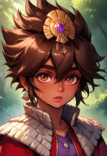 score_9, score_8_up, score_7_up, score_6_up, score_5_up, score_4_up, score_9, score_8_up, score_7_up, detailed, intricate details, chromatic aberration, veins source_anime, , (best quality) , (highly detailed) ,((masterpiece)), ((best quality)), (ultra-detailed), ((extremely detailed)), (high resolution), 4K, (8K), best quality, (beautiful), (dynamic lighting), (super detailed skin), sharp focus, (1_girl, solo focus), score_9,score_8_up,score_7_up,anime coloring, big eyes BREAK source_anime,anime, TaliyahLoLXL, dark skin, tanned skin, Dark skin female, dark skined, freckles, brown eyes, brown hair, short hair, sidelocks, hair between eyes, hair ornament, spiked hair, medium breasts, stone capelet, cape, red jacket, purple dress, solo, front view, (portrait, upper body), solo focus, mouth open, suprised, sweating, bewildered, hands up, looking at viewer, forest, tree <lora:TaliyahLoLXL:0.9>
(Upper body, portrait) , phantom_ix_row_style, masterpiece, best quality, <lora:PhantomIxRowStyle:0.9>, "Closer to artist's style"