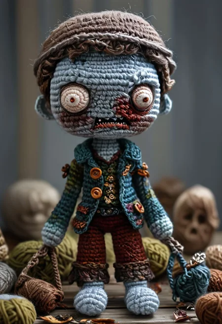 a feary male zombie, dark ambiance, cimetary (crocheted style), gore, dark, crocheted style