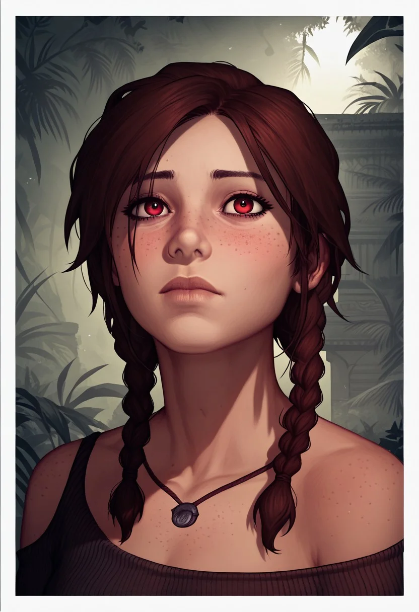 score_9, score_8_up, score_7_up, score_6_up, score_5_up, score_4_up, 1girl, <lora:LaraCroftTanktop:0.8>, blushing profusely red, 1girl,mysterious girl with freckles,an exotic Polinesian girl in off-shoulder shirt, Hairs in two braids, fading backlit background,pastel colors,surreal, detailed, bokeh, perfect balanced, deep fine borders,artistic photorealism, smooth, whole body view, jungle background, temple