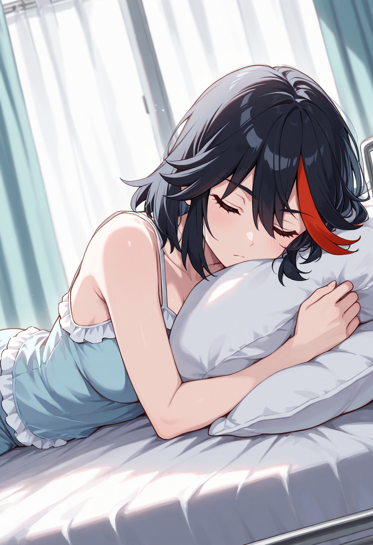 masterpiece, best quality, 1girl, solo, matoi ryuuko, black hair, streaked hair, short hair, pajamas, camisole, bare shoulders, infirmary, indoors, curtains, pillow, holding pillow, pillow hug, hospital bed, lying, sleeping