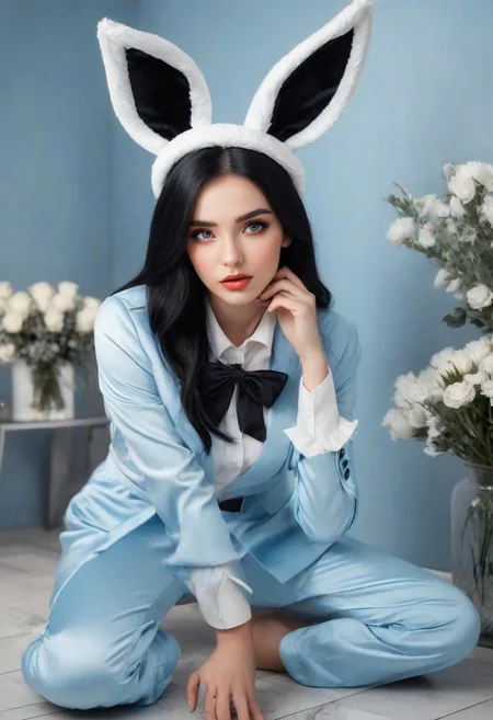 A young woman dressed in a seductive bunny costume, featuring a white headband with bunny ears, a blue bowtie, and a black and white outfit that highlights her cleavage and figure. She is kneeling on the floor in a playful pose, surrounded by an elegant setting with blue and white decorations, including flowers and shimmering fabrics. Her long black hair frames her face, and she has a sweet, inviting expression with wide, captivating eyes..castle