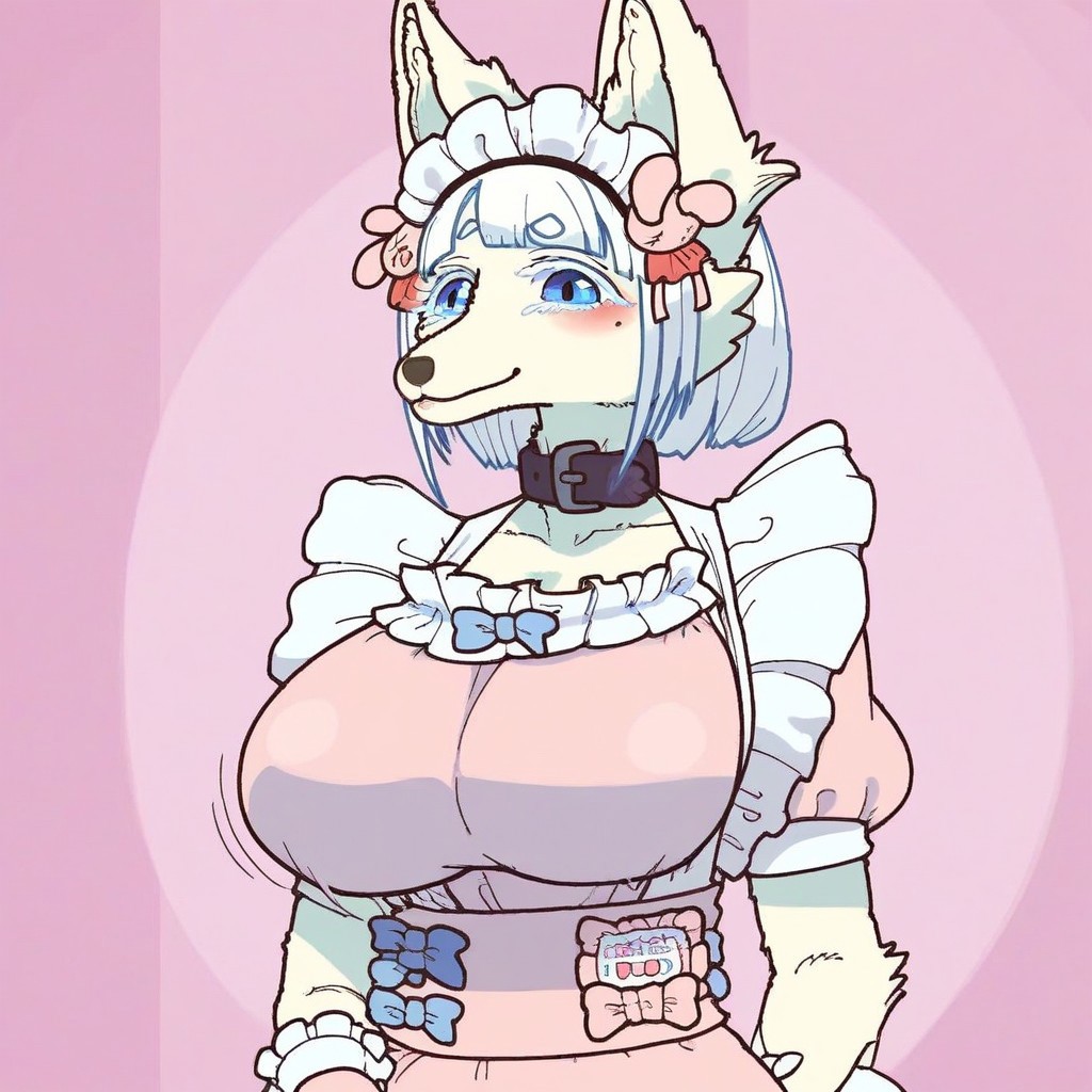 score_9, score_8_up, score_8. score_9, score_8_up, score_7_up, score_6_up, masterpiece, 4k, high quality, (best quality:1.1), ExpressiveH, 
BREAK
1girl, dress, breasts, wrist cuffs, collarbone, happy, puffy sleeves, mole under eye, blue eyes, looking at viewer, facing viewer, front viee, angry, fox ears, closed mouth, frills, body fur, furry female, animal nose, pink dress, black glooves, hearts, Forming heart with fingers, tail, white hair, blue hair, blunt bangs, furry, animal ears, huge breasts, Arching back, (from chest up), bouncing breasts, pink background, portait, cute, blushing
