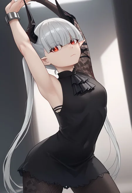 1girl, solo, cammystretch, stretching, arms up,  chained_sarkaz_girl, black dress, single leg pantyhose, asymmetrical clothes, patterned clothes, single sleeve, black sock, kneehigh, black footwear, high heels, black ascot, hair over eyes, eyes visible through hair, demon horns, blunt bangs, red eyes, pointy ears, pale skin, white hair, grey hair, twintails