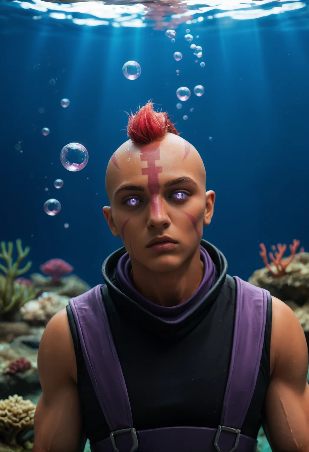 anti_mage_v1, 1boy,
dark skin, dark-skinned male,
muscular, muscular male,
mohawk,red hair, bald,
scar,
purple eyes, no pupils, blank eyes,
facial marks,
 sleeveless,  purple cloth
<lora:anti_mage_V1:1>, score_9, score_8_up, score_7_up, score_6_up, derpibooru_p_95,
detailed eyes, beautiful, detailed background, perfect eyes,
blur censor, blurry, blurry background, blurry foreground, bokeh, motion blur,
chromatic aberration, depth of field, figure, focused,  focus
photography, realistic sun light and shadows, photorealism, UHD --ar 9:16 --style raw --stylize 700,
solo,
deep water,underwater,depths-fc,undersea, coral, reef, fishs, she is pursing her lips blowing air bubbles, air bubbles raising,
