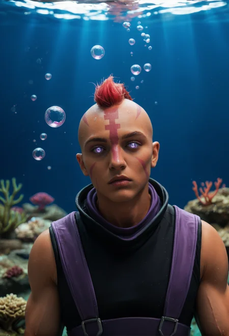 anti_mage_v1, 1boy,
dark skin, dark-skinned male,
muscular, muscular male,
mohawk,red hair, bald,
scar,
purple eyes, no pupils, blank eyes,
facial marks,
sleeveless, purple cloth
<lora:anti_mage_V1:1>, score_9, score_8_up, score_7_up, score_6_up, derpibooru_p_95,
detailed eyes, beautiful, detailed background, perfect eyes,
blur censor, blurry, blurry background, blurry foreground, bokeh, motion blur,
chromatic aberration, depth of field, figure, focused, focus
photography, realistic sun light and shadows, photorealism, UHD --ar 9:16 --style raw --stylize 700,
solo,
deep water,underwater,depths-fc,undersea, coral, reef, fishs, she is pursing her lips blowing air bubbles, air bubbles raising,