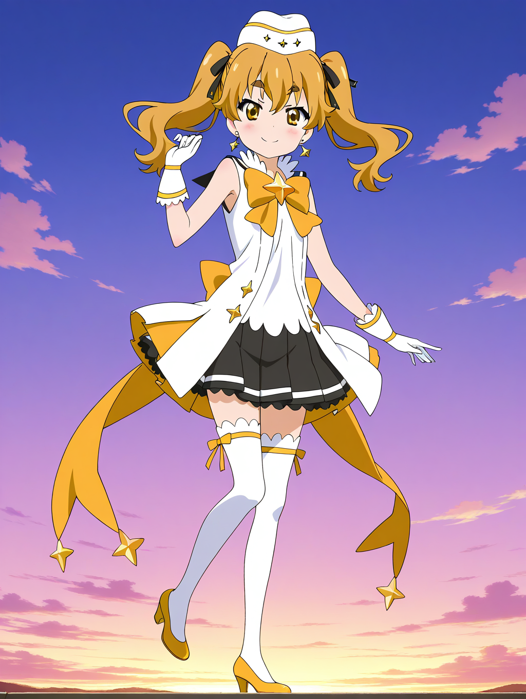 general,highres, ultra-detailed,very aesthetic,best quality ,best hands,  BREAK  <lora:Hikaru_Houkago_no_Pleiades_IS:1> Hikaru(Pleiades), 1girl,solo, twintails, blonde hair, yellow eyes,long hair, hair ribbon, 
thick eyebrows, anime coloring,
gloves, thighhighs, hat, skirt, looking at viewer, white gloves, jewelry, earrings, high heels, white thighhighs, star (symbol), 
full body, bow, smile, yellow footwear, Yellow ribbon, pleated skirt, standing, magical girl, sleeveless, 
sky, cloud,