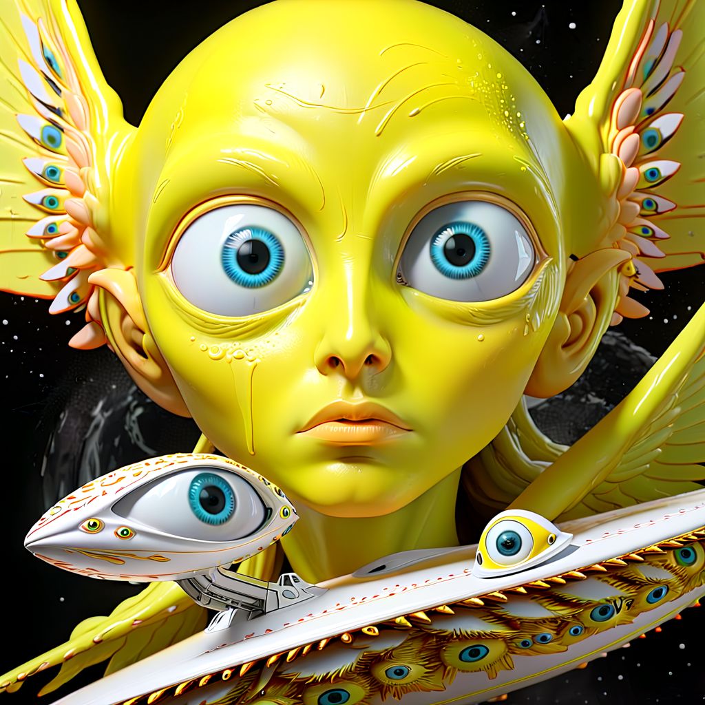 seraphins, mystical creature with hundreds of eyes and wings, roswell alien with yellow christmas hat, delivering presents with santa riding a ufo sleigh, intricate complexity, surreal horror, inverted neon yellow drip paint, photoreal
