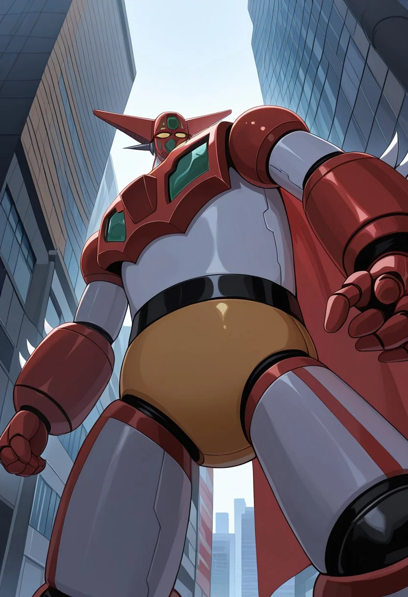 score_9, score_8_up, score_7_up, score_6_up, score_5_up, score_4_up, 4k quality, detailed, dramatic lighting, (getter robo, super robot, mecha), solo, 1boy, (no humans), best quality, masterpiece, in city, bright sunny day, ((low angle view)), looking at viewer