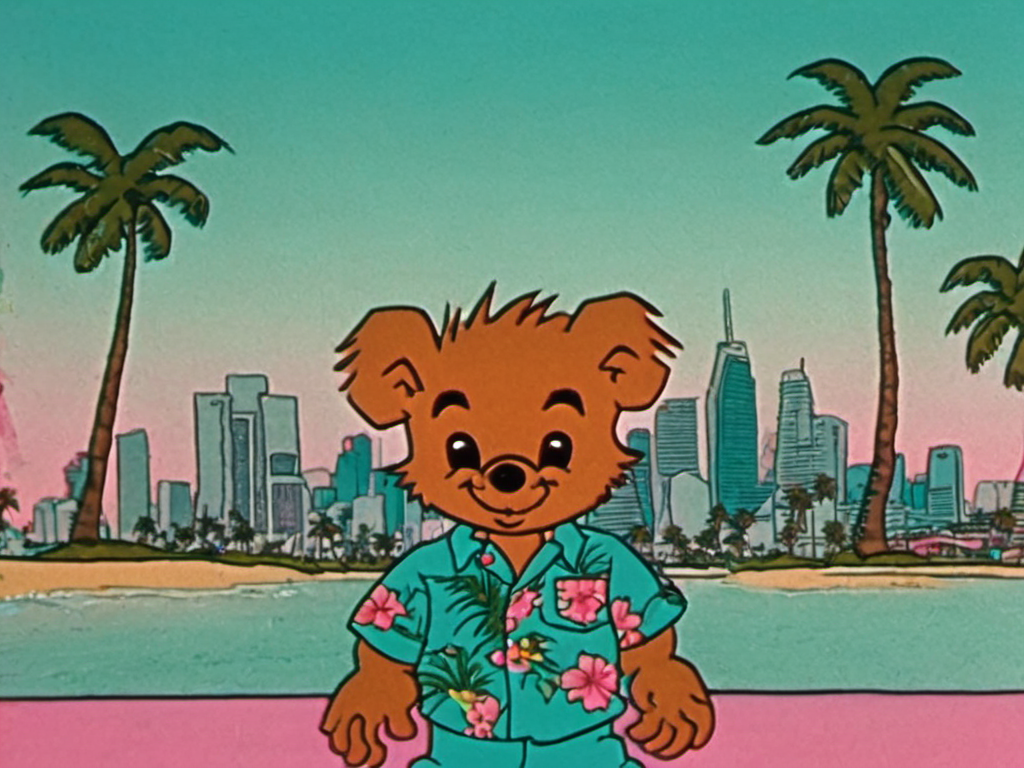 A bear smiling, wearing a turquoise floral shirt, palm trees and miami skyline in the background, synthwave colors, Rune Andreasson style <lora:Rune_Andreasson_Style:1>