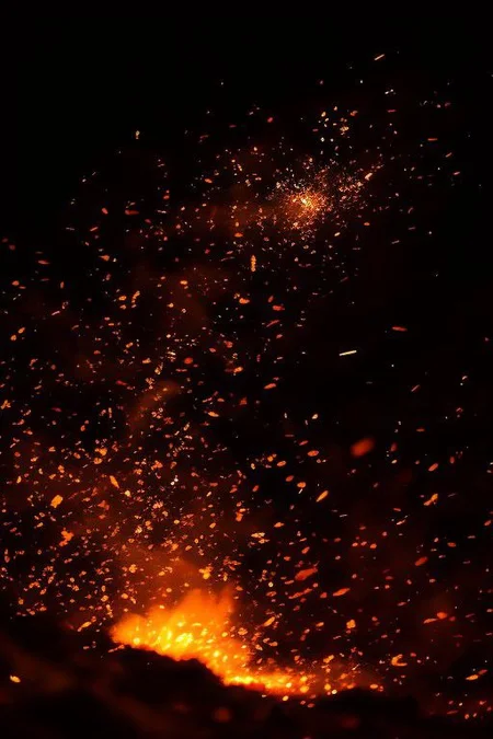 Flying Dirt, Smoke, Fire, Debris, Explosive Shockwaves, Shattered Fragments, Blazing Embers, Searing Heat, Chaotic Movement, Scattered Ashes, Resonating Boom, Ring of Fire, Glowing Sparks, Intense Illumination, Shockwave Ripples, Charred Remnants.