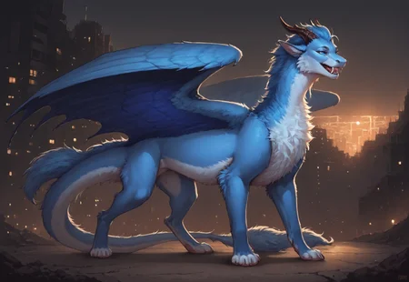 Highest quality, photorealistic, very detailed, Solo,darra,  furred dragon, female, white and blue fur, wings, horns, tail, chest fluff, paws, fangs, ton back, faded blue eyes, cyberpunk background, detailed background