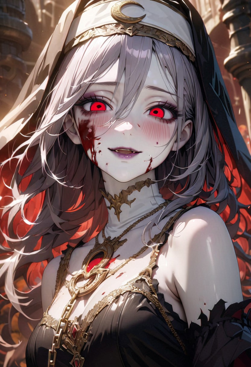 gorgeous lips, cinematic, (masterpiece), (best quality), (ultra-detailed), very aesthetic, perfect composition, intricate details, absurdres, detailed face, (anime, masterpiece, intricate:1.3), (best quality, hires textures, high detail:1.2), ((high end)),(UHD picture),(vivid),((life like)),(crystal clear), 
(photo realistic),,((bestquality fingertip)),((beautifully detailed face)),((beautifully detailed eyes)),((beautifully detailed body line)),(beautiful detailed hair),((kawaii)),{perfect face},{perfect anatomy},intricate,(highly detailed),((unfocused eyes)),((half-open eyes)),((upturned eyes)),((long eyes)),
eyelashes,eyeshadow,open mouth,blush,
rouge lips,,
Settings; ((zombie girl)),
Character;dark corruption,empty eyes,(((different sizesd eyes))),red eyes,
body; ((blood on face)),((blood on body)), 
skin;(shiny oiled skin),((pale zombie skin)),
clothe;chain,(nun dress),
facial; smile,crescent-shaped mouth,
Composition; looking for viewer,from side,look up,cowboy shot,