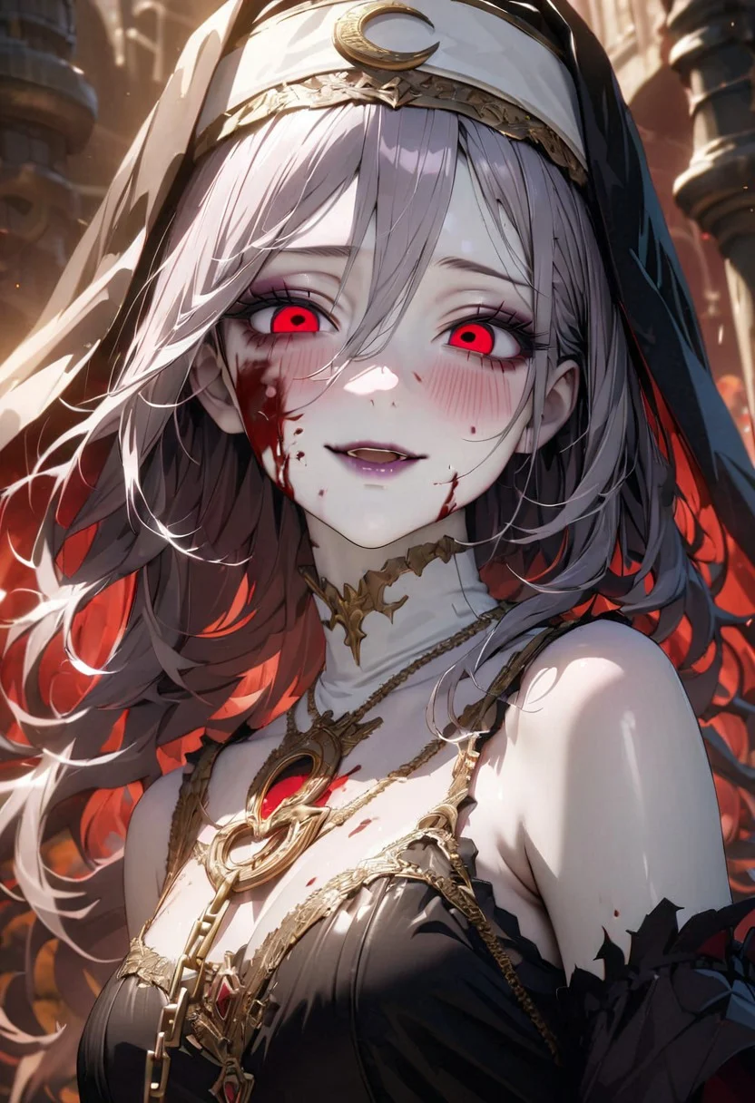 gorgeous lips, cinematic, (masterpiece), (best quality), (ultra-detailed), very aesthetic, perfect composition, intricate details, absurdres, detailed face, (anime, masterpiece, intricate:1.3), (best quality, hires textures, high detail:1.2), ((high end)),(UHD picture),(vivid),((life like)),(crystal clear), 
(photo realistic),,((bestquality fingertip)),((beautifully detailed face)),((beautifully detailed eyes)),((beautifully detailed body line)),(beautiful detailed hair),((kawaii)),{perfect face},{perfect anatomy},intricate,(highly detailed),((unfocused eyes)),((half-open eyes)),((upturned eyes)),((long eyes)),
eyelashes,eyeshadow,open mouth,blush,
rouge lips,,
Settings; ((zombie girl)),
Character;dark corruption,empty eyes,(((different sizesd eyes))),red eyes,
body; ((blood on face)),((blood on body)), 
skin;(shiny oiled skin),((pale zombie skin)),
clothe;chain,(nun dress),
facial; smile,crescent-shaped mouth,
Composition; looking for viewer,from side,look up,cowboy shot,