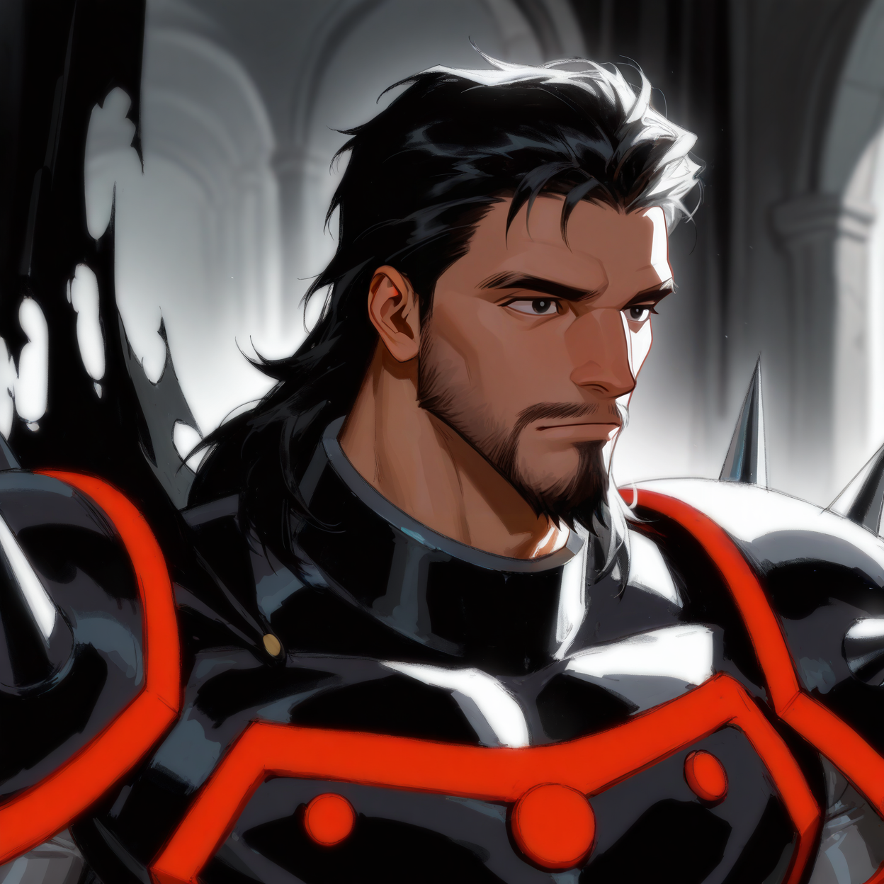 <lora:DCAU_Hades_Illustrious:.8> 1male, Ares, long hair, black hair, black facial hair, mustache, goatee, black cape, ripped cape, black armor, shoulder spikes, bracer spikes, grey bodysuit, red trim, boot spikes,
face focus, close-up, 
(very short hair, beard, bara, mature, facial hair, stubble, beard, full beard, sideburn, beard, a lot of beard, ), facial hair,male focus, muscular male, muscular male, bara, mature,  bara, mature, aixiwuganda_(20222192), very awa, masterpiece, best quality, absurdres, newest, perfect quality, detailed background, intricate details,
<lora:slider_Body Type_alpha1.0_rank4_noxattn_last:3><lora:style_Anime Summer Days 2 Style SDXL_LoRA_Pony Diffusion V6 XL:.6><lora:slider_cfg_scale_boost:.7><lora:Artist6p:.55>, Artist6p, Artist04p,<lora:slider_il_brightness_slider_d1:-1><lora:slider_il_contrast_slider_d1:-1><lora:slider_DarkSlider1.2_alpha1.0_rank16_full_300steps:-.6>