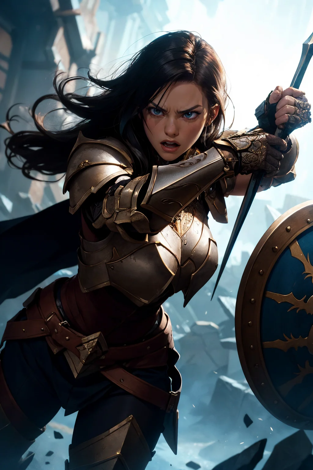 an illustration of a female paladin adorned in holy armor, wielding a holy shield, furrowed brow, fighting stance,
masterpiece, best quality, intricate detail, high background detail, high contrast, <lora:emotion_angry_slider_v1:1> raytracing, <lora:backlight_slider_v10:-1> <lora:contrast_slider_v10:2>