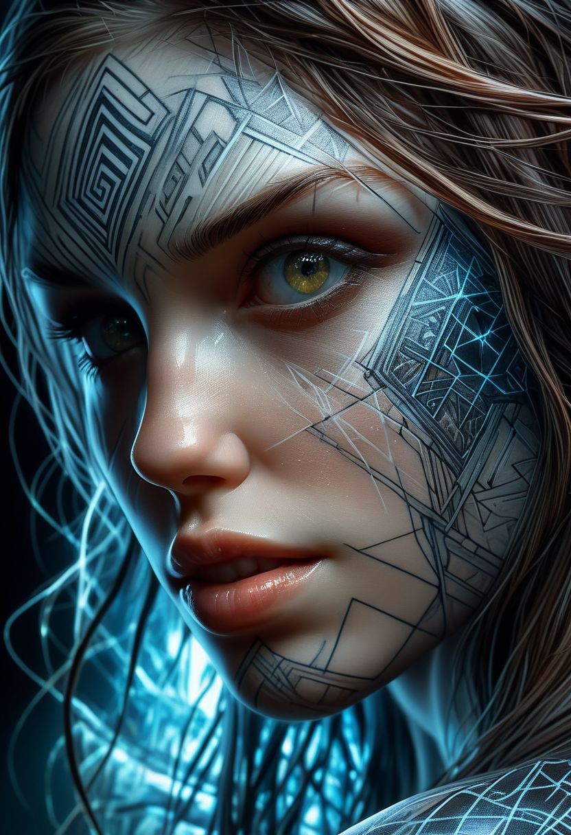 Rune tattoo on girls face, close-up, by Minjae Lee, Carne Griffiths, Emily Kell, Steve McCurry, Geoffroy Thoorens, Aaron Horkey, Jordan Grimmer, Greg Rutkowski, amazing depth, double exposure, surreal, geometric patterns, intricately detailed, bokeh,  perfect balanced, deep fine borders, artistic photorealism , smooth,  great masterwork by Suiras  <lora:add-detail-xl:2>  <lora:Double_Exposure:0.5>