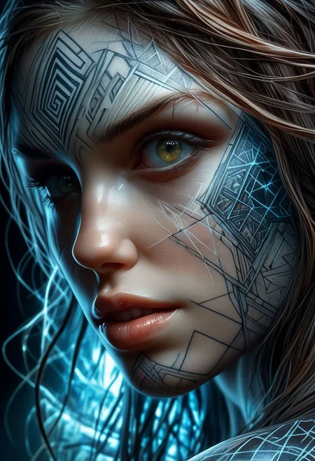 Rune tattoo on girls face, close-up, by Minjae Lee, Carne Griffiths, Emily Kell, Steve McCurry, Geoffroy Thoorens, Aaron Horkey, Jordan Grimmer, Greg Rutkowski, amazing depth, double exposure, surreal, geometric patterns, intricately detailed, bokeh, perfect balanced, deep fine borders, artistic photorealism , smooth, great masterwork by Suiras <lora:add-detail-xl:2> <lora:Double_Exposure:0.5>