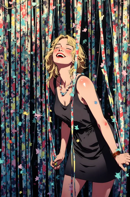 Vibrant and dynamic illustration of a person standing in front of a colorful curtain. The individual has long, blonde hair that falls over their shoulders, adding to the overall sense of movement and texture. They are wearing a black dress with a high neckline, which creates a sense of elegance and sophistication. The person's expression is joyful and carefree, with their eyes closed and a wide smile on their lips, suggesting a moment of pure happiness and enjoyment. Their posture is relaxed, with one hand resting on the curtain and the other holding a small object, possibly a piece of jewelry or a decorative item. The background features a curtain made of colorful ribbons and streamers, which adds a festive and celebratory atmosphere to the scene. The ribbons are rendered with intricate details, creating a sense of depth and texture. Overall, this illustration captures a moment of quiet beauty and joy, with the combination of the person's attire, the soft lighting, and the detailed rendering creating a visually engaging and emotionally resonant scene. The use of color and composition adds depth and character to the artwork, making it a powerful and evocative piece.
j_art, anime, anime art, <lora:FLUX\jul\J_Anime:1.0>, <lora:FLUX\Anime Art V3:0.1>, <lora:FLUX\RM_Artistify_v1.0M:0.1>, <lora:FLUX\RetroAnimeS1.1:0.1>