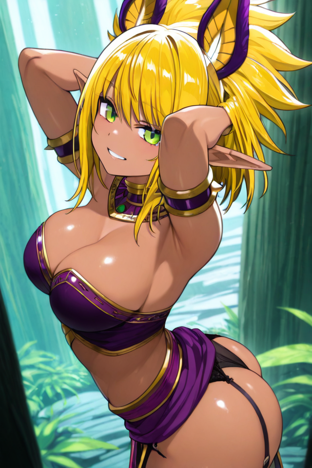 PonyScores, score_9, score_8_up, score_7_up, (ranya), ranya_(sentai red ga isekai de boukensha ni naru), 1girl, solo, ass, Expressive, athletic, athletic female, sexy, seductive, (iper detail eyes), (ultra detailed eyes), outdoors background, (intricate eyes), ((looking at viewer)), looking at you, pretty eyes, intricate iris, perfect lips, perfect eyes, expressive eyes, bare shoulders, black tube top, blonde hair, breasts, cleavage, dark-skinned female, dark elf, dark skin, elf, high ponytail, large breasts, long hair, pointy ears, ponytail, strapless, tube top, upper body, Expressiveh,32k, masterpiece, best quality, amazing quality, high resolution, very aesthetic, absurdres, newest, professional, high-quality, (detailed eyes), (detailed face), (Detailed background), (portrait), (perfect lighting), (best quality), (light particles), source_anime, (beautiful eyes and face), seductive smile, <lora:RanyaIllustriousApexAi:1>, safe_pos, spiker choker, spiked armlet, spiked thigh strap, black bra, black panties, garter belt, from side, cowboy shot, head back, head tilt, looking at viewer, half-closed eyes, smile, clenched teeth, arched back, arms up, hand in own hair, armpits, legs apart,