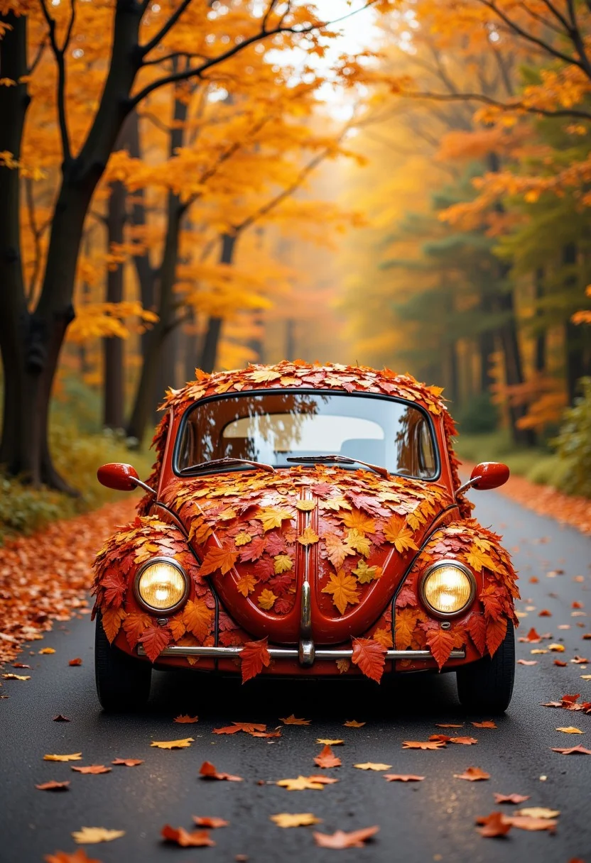A professional photograph of a compact car entirely crafted from autumn leaves, each detail of the car—from its body to the tires—made of intricately layered and woven autumn leaves in shades of orange, red, and yellow. The car is parked on a quiet country road, surrounded by a dense autumn forest. The vibrant foliage of the trees matches the car’s leaf-like design, and the road beneath is sprinkled with fallen leaves. Soft, golden light filters through the branches, casting gentle shadows, while the car appears to blend seamlessly with the autumnal landscape, as if it's a natural extension of the forest