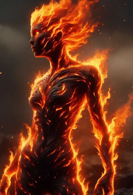 female fire elemental emerging from a lava pit in desolate wasteland, climbing pose, cinematic shot, (masterpiece:1.2), best quality, (hyperdetailed, highest detailed:1.2), high resolution textures, mad-flames