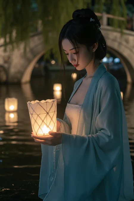<lora:ã麦æ©éè¡£ãMajicflus:0.7>, qingyi, In the tranquil glow of the softly lit lake at night, a young and delicate Chinese woman stands waist-deep in the water, her short cyan hanfu soaked and clinging to her skin. Her face is exquisitely shaped, with an oval contour and gentle features, framed by damp strands of hair that fall loosely around her cheeks. Her loosely tied bun accentuates her natural elegance, while stray locks cling to her face, adding a touch of organic charm. She gazes down, her half-closed eyes focused on the rippling water below. The lantern light casts a warm, tender glow across her luminous skin, highlighting the gentle curves of her collarbones and chest beneath the translucent fabric. The ancient stone bridge and hanging willow branches in the background serve as a soft, atmospheric complement to her serene beauty, while motionless lanterns float on the lake, their reflections shimmering like scattered stars.âââ