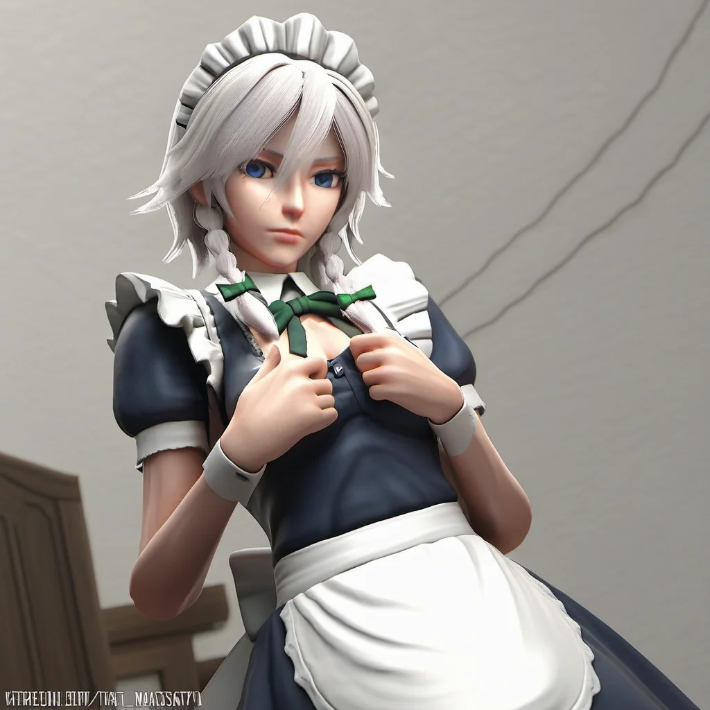 1girl, izayoi sakuya, by kodoto, 3d, blue eyes, braid, maid headdress, solo, twin braids, white hair,