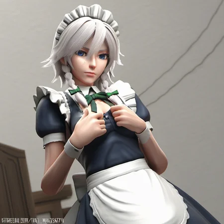 1girl, izayoi sakuya, by kodoto, 3d, blue eyes, braid, maid headdress, solo, twin braids, white hair,