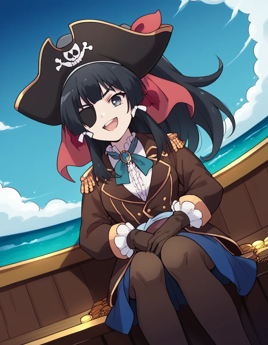score_9, score_8_up, score_7_up, source_anime, <lora:yae-kokonoe-s2-ponyxl-lora-nochekaiser:1>, yae kokonoe, long hair, bangs, black hair, bow, ribbon, hair ribbon, ponytail, hair bow, black eyes, grey eyes, medium breasts,, <lora:pirate-costume-ponyxl-lora-nochekaiser:1>, pirate costume, pirate hat, skirt, gloves, jacket, shirt, eyepatch,, blue sky, sea, ocean, pirate ship, treasure, gold, smug, open mouth, from below, sitting,, , dutch angle, cowboy shot