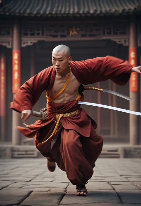 D4NC3RS, a chinese monk is running with a sword, chinese dance, cinematic angle, cinematic lighting, best quality, masterpiece, masterpiece, detailed Nikon X3460, cinematic angle, cinematic lighting, hyperdetailed photography, soft light,
