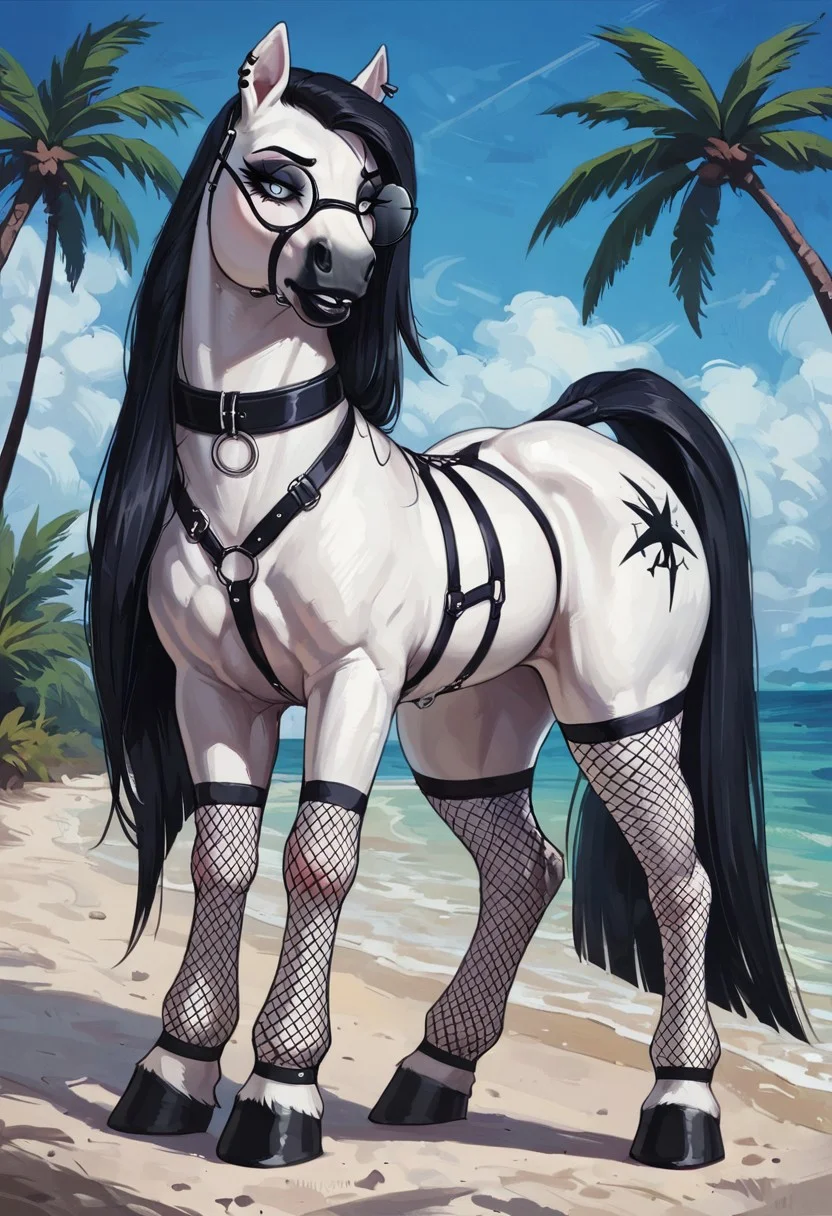 Hyper realistic, photo realism, score_9, score_8_up, score_7_up, interior, cozy, highly detailed, (((feral))), high quality, NSFW, BREAK, Solo, gothic, black round glasses, mature, semi toned, female pony, (((white fur))), white fur, black mane, hooves, wide feral hips, smooth fur, (black eyeshadow), (((black lips))), seductive, thick thighs, black fishnet stockings, black collar on neck, gothic horse, black harness, grey eyes, black sclera, big butt, black hooves, <busty feral xl:1>, (((spherical breasts))), thick black areoles, black puffy nipples,
BREAK,
paradise, palm trees, beach jungle, Highbalcony outdoors, side angle,