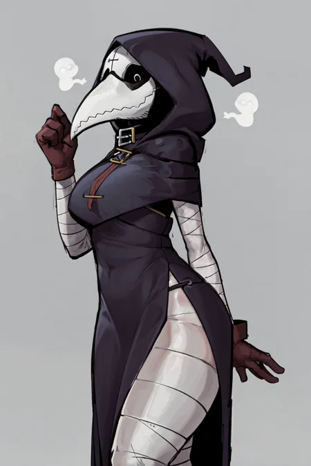 plague doctor, 1girl, solo, hood, mask, gloves, faceless, plague doctor mask, tall, bandage, breasts, looking away, from side