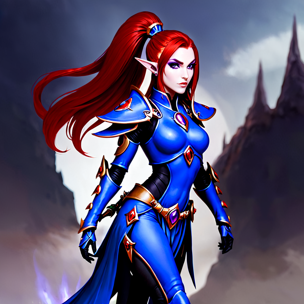 <lora:aeldari_xl_6:1>aeldari, asuryani, banshee, banshee's armor, aeldari's shoulder armor, 1girl, solo, long hair, purple eyes, full body, weapon, red hair, pointy ears, elf, gauntlets, pauldrons, breastplate