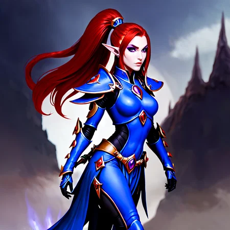 <lora:aeldari_xl_6:1>aeldari, asuryani, banshee, banshee's armor, aeldari's shoulder armor, 1girl, solo, long hair, purple eyes, full body, weapon, red hair, pointy ears, elf, gauntlets, pauldrons, breastplate