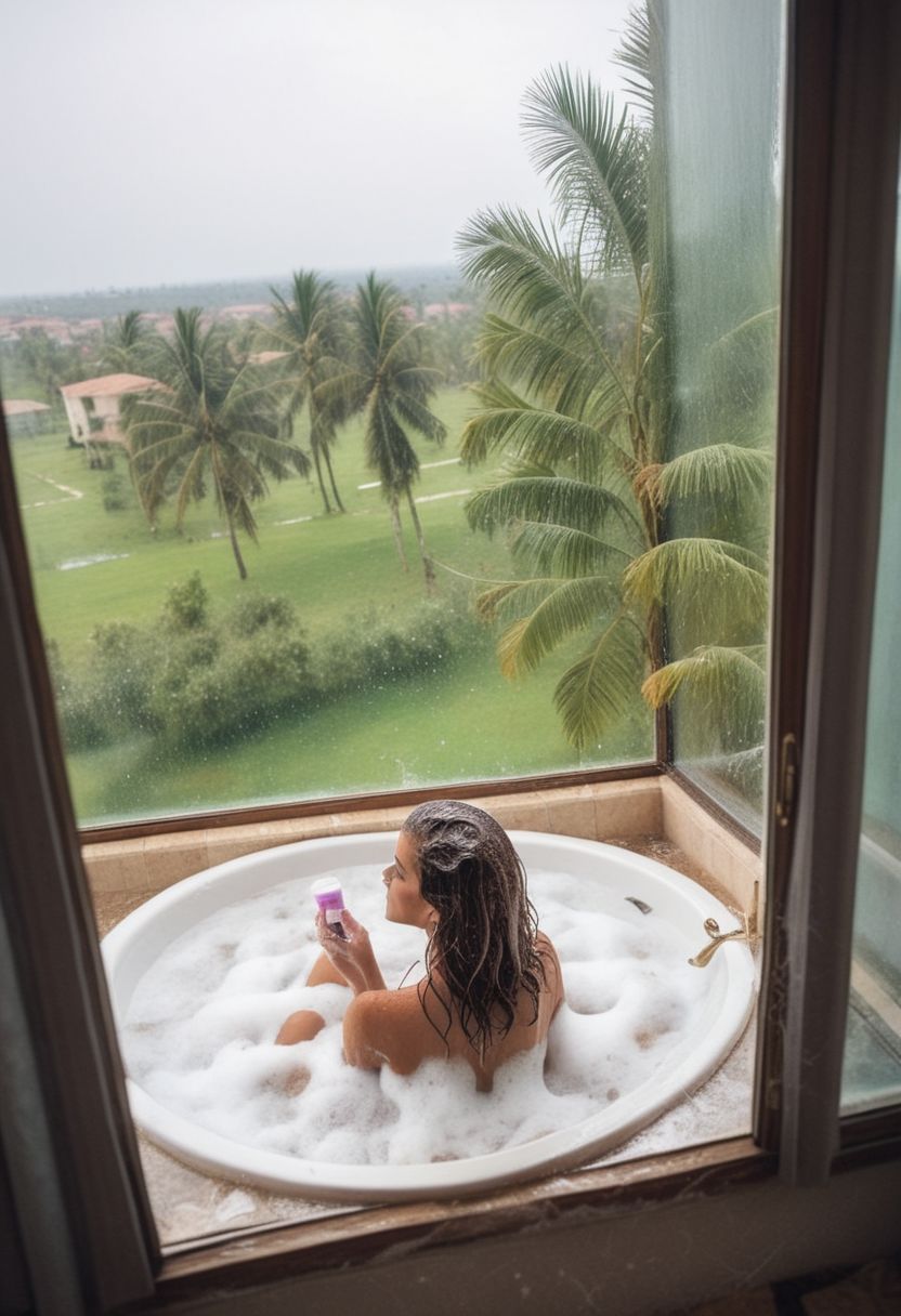 Top view, dreamy landscape from window, glam style, cute slender Brunette,  taking a bath,  Shampoo in wet hair