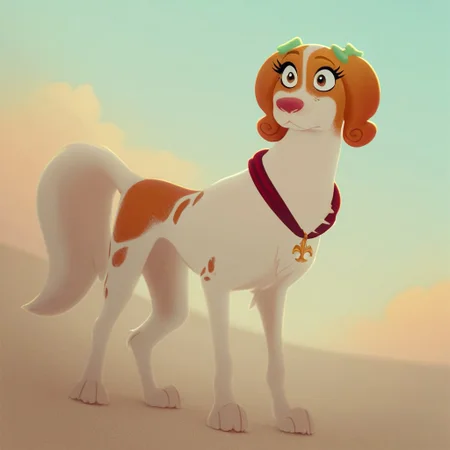 score_9, score_8_up, score_7_up, score_6_up, source_furry, source_cartoon, best quality, masterpiece, absurdres, 
1girl, solo, tanebl, spaniel, female, feral, dog, 
green bow, brown eyes, freckles, wide-eyed, standing, closed mouth, full body,
red collar, pendant,
outside, hedge, sky